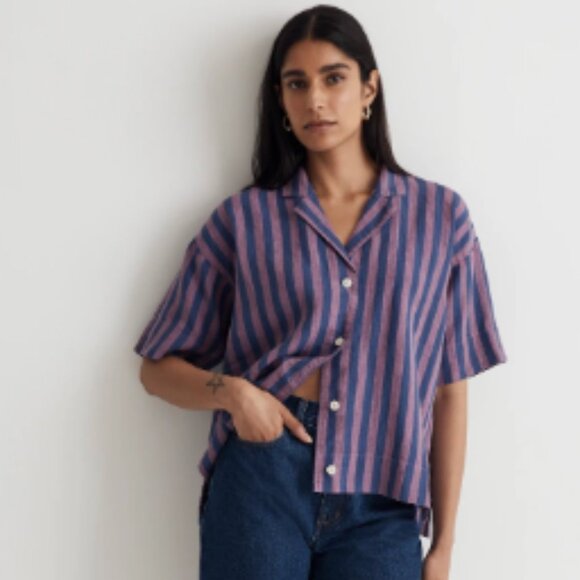 Madewell Tops - Madewell 100% Linen Button-Up Camp Shirt in Stripe Purple Size XXS